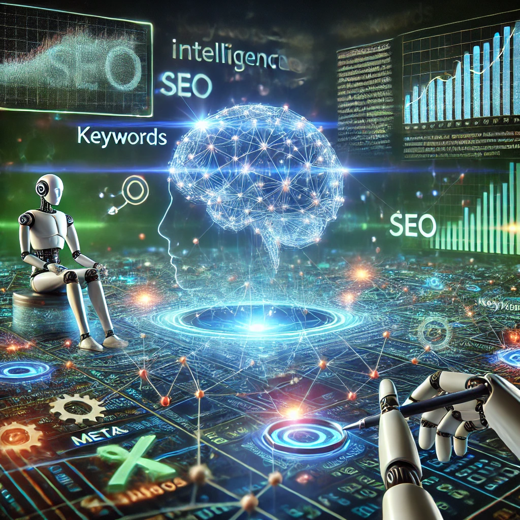 DALL·E 2025-02-12 03.02.40 – A futuristic digital landscape showing the relationship between artificial intelligence and search engine optimization (SEO). A glowing AI brain hover كيف يغير الذكاء الاصطناعي مستقبل تحسين محركات البحث؟