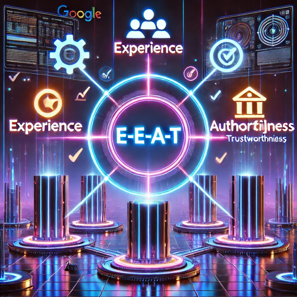 DALL·E 2025-02-16 02.42.06 – A futuristic digital concept art representing Google’s E-E-A-T (Experience, Expertise, Authoritativeness, and Trustworthiness). The centerpiece is a g تعزيز خبرة ومصداقية وموثوقية المحتوى E-E-A-T